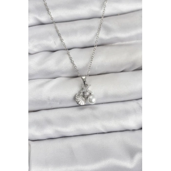 316L Çelik Zincir Gümüş Renk Deniz Kabuğu ve Deniz Yıldızı Model Zirkon Taşlı Kadın Kolye
