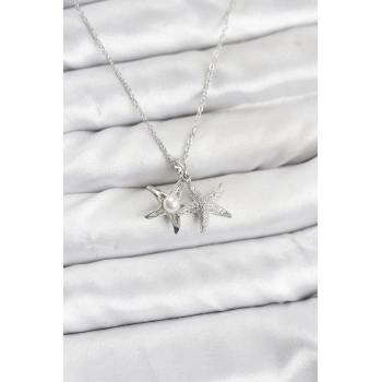 316L Çelik Zincir Gümüş Renk Deniz Yıldızı Model Zirkon Taşlı Kadın Kolye