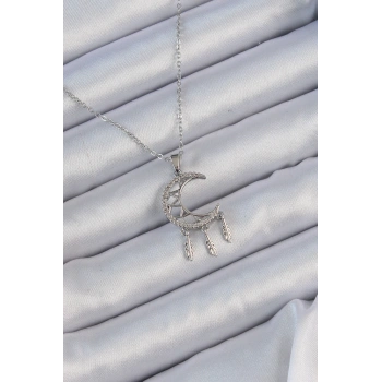 316L Çelik Zincir Gümüş Renk İşlemeli Zirkon Taşlı Ay Kolye