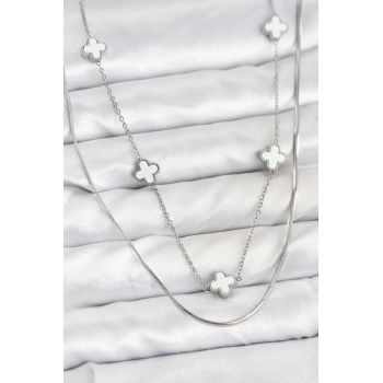 316L Çelik Zincir Gümüş Renk İtalyan Zincirli Yonca Model Kadın Kolye