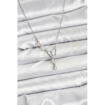 316L Çelik Zincir Gümüş Renk Kelebek Model Kadın Kolye