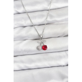 316L Çelik Zincir Gümüş Renk Kiraz Model Zirkon Taşlı Kadın Kolye