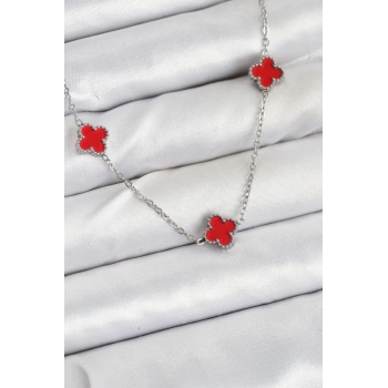 316L Çelik Zincir Gümüş Renk Kırmızı Baby Boy Yonca Kadın Kolye