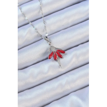 316L Çelik Zincir Gümüş Renk Kırmızı Etekli Zirkon Taşlı Balerin Kolye