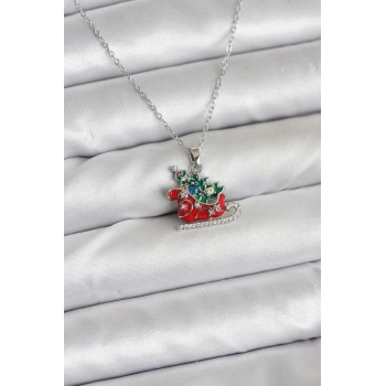 316L Çelik Zincir Gümüş Renk Kızak ve Çam Ağacı Figürlü Yılbaşı Temalı Kadın Kolye