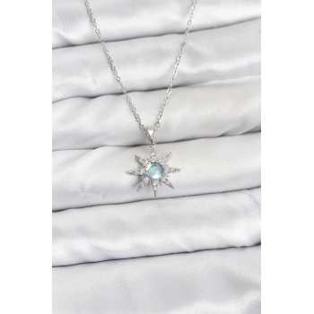 316L Çelik Zincir Gümüş Renk Kutup Yıldızı Model Zirkon Taşlı Kadın Kolye