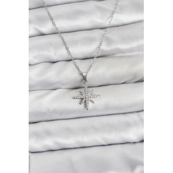 316L Çelik Zincir Gümüş Renk Kutup Yıldızı Model Zirkon Taşlı Kadın Kolye
