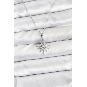 316L Çelik Zincir Gümüş Renk Kutup Yıldızı Model Zirkon Taşlı Kadın Kolye