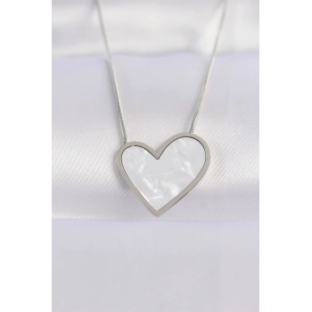 316L Çelik Zincir Gümüş Renk Mermer Desenli Kalp Kolye