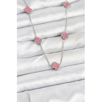316L Çelik Zincir Gümüş Renk Pembe Baby Boy Yonca Kadın Kolye