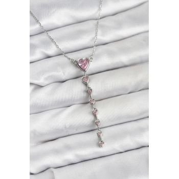316L Çelik Zincir Gümüş Renk Pembe Kalp Kadın Kolye