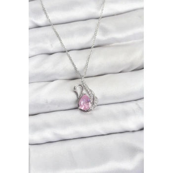 316L Çelik Zincir Gümüş Renk Pembe Kuğu Model Zirkon Taşlı Kadın Kolye