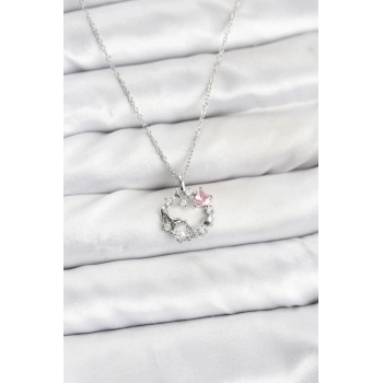 316L Çelik Zincir Gümüş Renk Pembe Taş Detaylı Çelenk Model Kadın Kolye