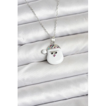 316L Çelik Zincir Gümüş Renk Şapkalı Kardan Adam Kafası Model Yılbaşı Temalı Kadın Kolye