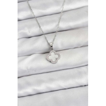 316L Çelik Zincir Gümüş Renk Sedefli Yonca Kadın Kolye