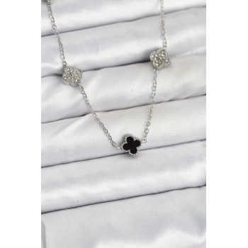 316L Çelik Zincir Gümüş Renk Siyah ve Zirkon Taşlı Baby Boy Yonca Kadın Kolye