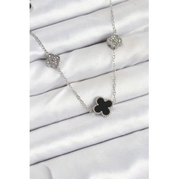 316L Çelik Zincir Gümüş Renk Siyah ve Zirkon Taşlı Yonca Kadın Kolye