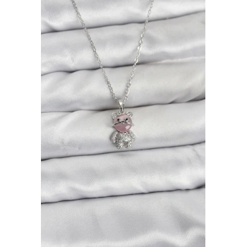 316L Çelik Zincir Gümüş Renk Teddy Bear Model Zirkon Taşlı Kadın Kolye