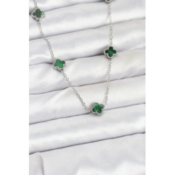 316L Çelik Zincir Gümüş Renk Yeşil Baby Boy Yonca Kadın Kolye