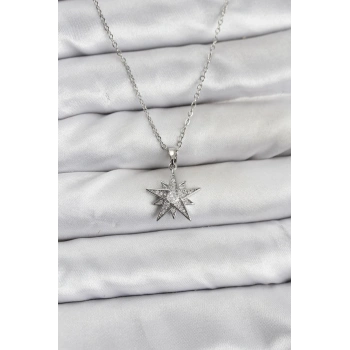 316L Çelik Zincir Gümüş Renk Yıldız Model Zirkon Taşlı Kadın Kolye