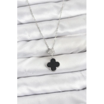 316L Çelik Zincir Gümüş Renk Yonca Model Zirkon Taşlı Kadın Kolye