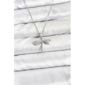 316L Çelik Zincir Gümüş Renk Yusufçuk Model Zirkon Taşlı Kadın Kolye