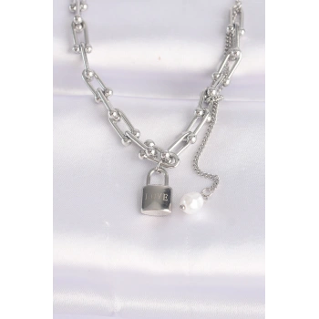 316L Çelik Zincir Gümüş Renk Zincirli Love Yazılı Kilit Kolye