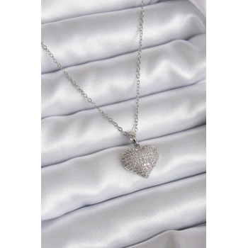 316L Çelik Zincir Gümüş Renk Zirkon Taş Detay Kalp Model Kadın Kolye