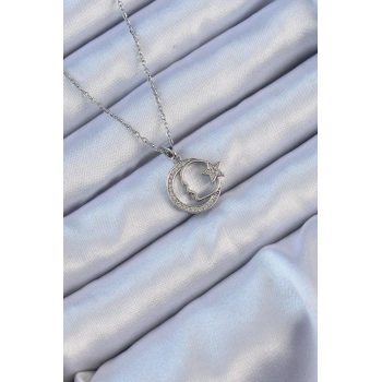 316L Çelik Zincir Gümüş Renk Zirkon Taşlı Ay Yıldız Simgeli Atatürk Kolye