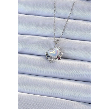 316L Çelik Zincir Gümüş Renk Zirkon Taşlı Gezegen Görünümlü Kalp Kolye