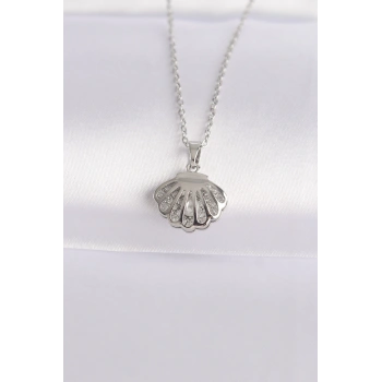 316L Çelik Zincir Gümüş Renk Zirkon Taşlı İnci Detay İstiridye Kolye