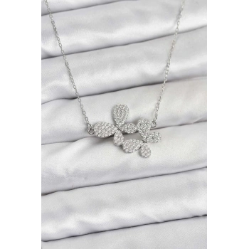 316L Çelik Zincir Gümüş Renk Zirkon Taşlı Kelebek Model Kadın Kolye