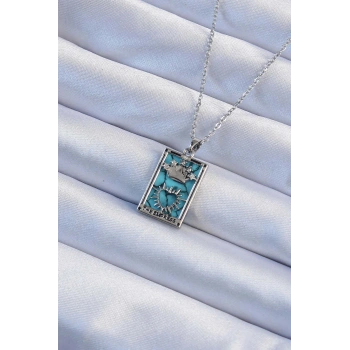 316L Çelik Zincir Gümüş Renk Zirkon Taşlı Mavi Mermer Desenli Taç Model Tarot Kolye