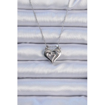 316L Çelik Zincir Gümüş Renk Zirkon Taşlı Mıknatıslı Kalp Kolye