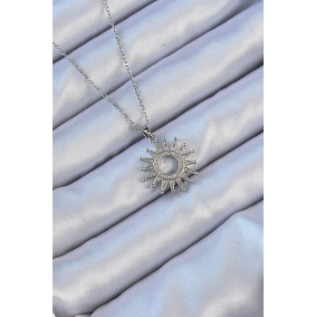 316L Çelik Zincir Gümüş Renk Zirkon Taşlı Parlayan Güneş Kolye