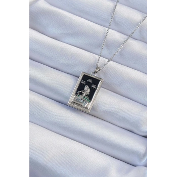 316L Çelik Zincir Gümüş Renk Zirkon Taşlı Siyah Mineli Kız Figürlü Tarot Kolye