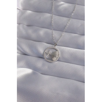 316L Çelik Zincir Gümüş Renk Zirkon Taşlı Yıldız Figürlü Oval Kolye