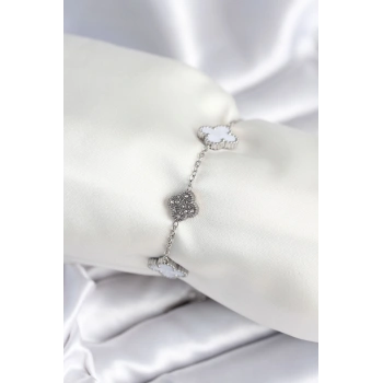 316L Çelik Zincir Gümüş Renk Zirkon Taşlı Yonca Beyaz Kadın Bileklik