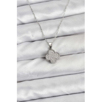 316L Çelik Zincir Gümüş Renk Zirkon Taşlı Yonca Model Kadın Kolye