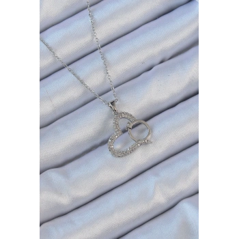 316L Çelik Zincir Gümüş Renk Zirkon Taşlı Yüzüklü Kalp Kolye