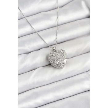 316L Çelik Zincir Gümüş Zirkon Taşlı Kalpli Kadın Kolye