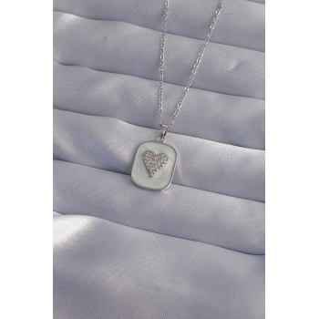 316L Çelik Zincir Mermer Desenli Gümüş Renk Zirkon Taşlı Kalp Model Kolye