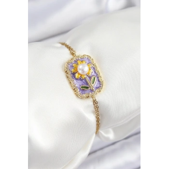 316L Çelik Zincir Mor Mineli Sanatsal Portre İnci Detaylı Papatya Model Gold Renk Kadın Bileklik