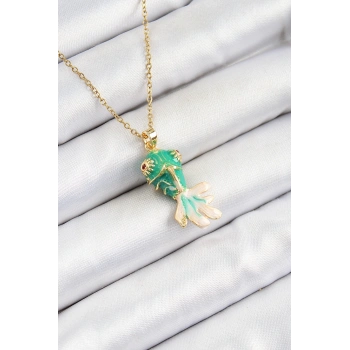 316L Çelik Zincir Yeşil Balık Model Gold Renk Kadın Kolye