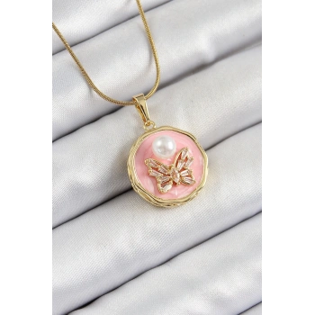 316L Çelik Zincir Zirkon Taşlı Pembe Sanatsal Portre İnci Detaylı Kelebek Model Gold Renk Kadın Kolye