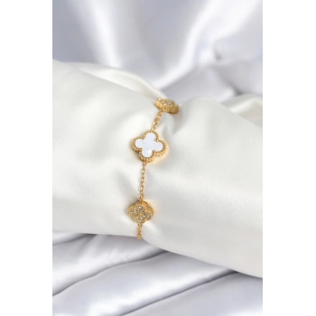 316L Çelik Zincir Zirkon Taşlı Yonca Beyaz Kadın Bileklik