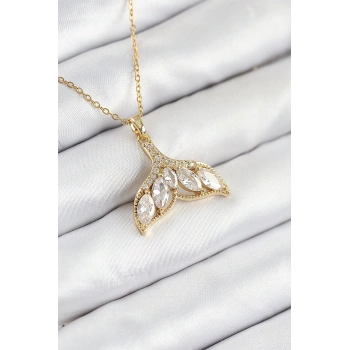 316L Çelik Zirkon Taşlı Balık Kuyruğu Model Gold Renk Kadın Kolye