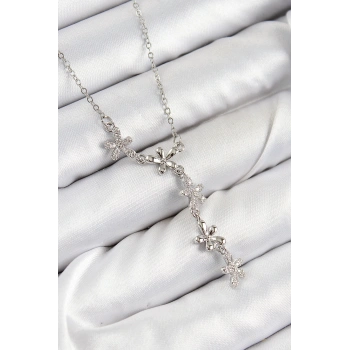 316L Çelik Zirkon Taşlı Çiçek Model Gümüş Renk Kadın Kolye