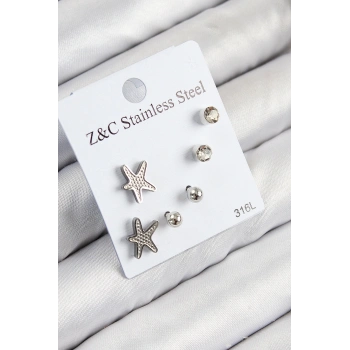 316L Çelik Zirkon Taşlı Deniz Yıldızı Model Gümüş Renk Kadın Set Küpe