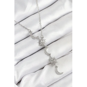 316L Çelik Zirkon Taşlı Güneş Ve Ay Model Gümüş Renk Kadın Kolye